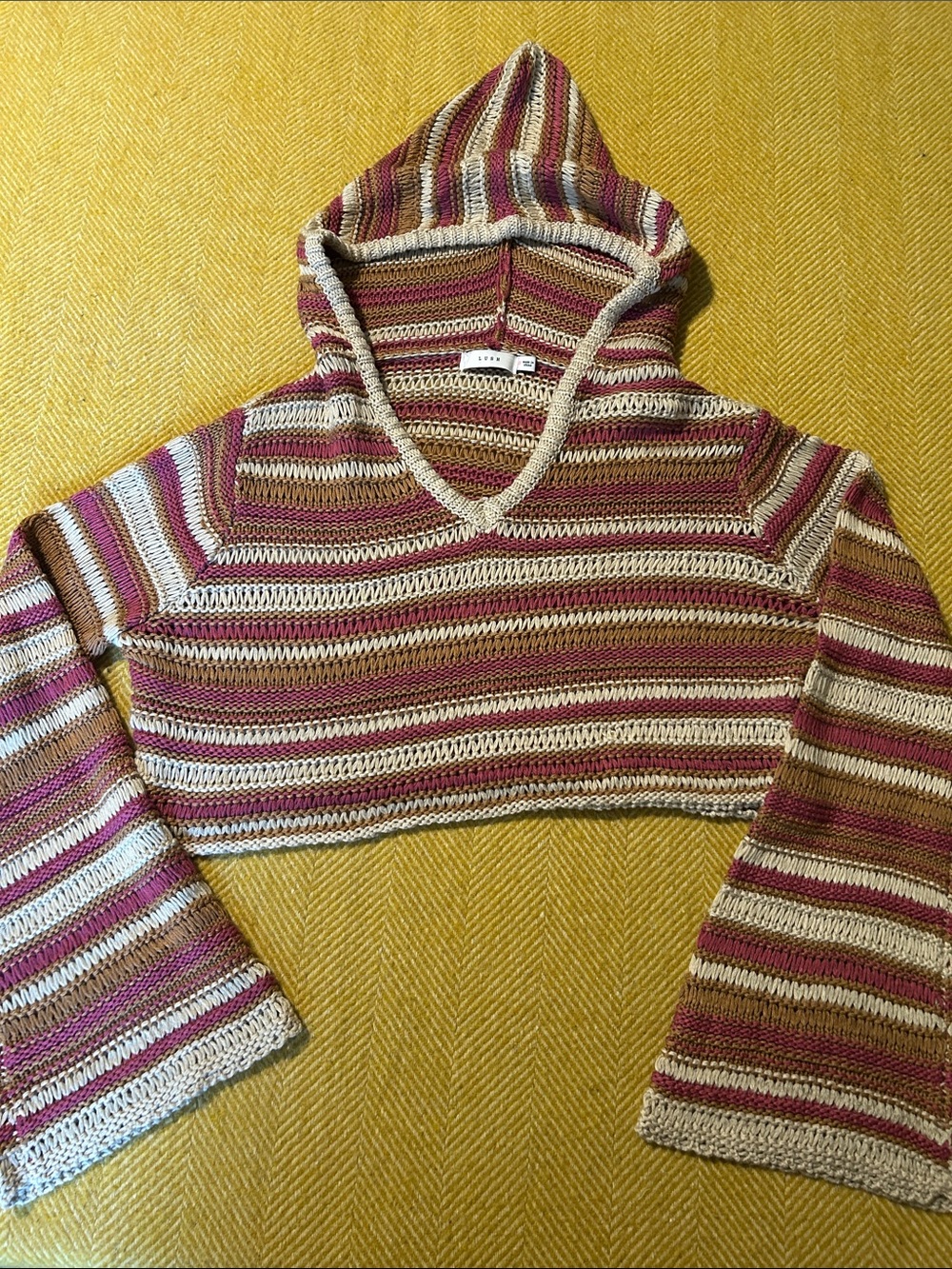Lush Striped V-Neck Hooded Cropped Sweater in Beige, Mauve, Brown